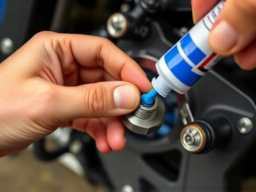 A detailed shot of a hand applying blue threadlocker to a motorcycle bolt before tightening, with various motorcycle parts visible in the background, emphasizing precision in preventing vibration-induced loosening.