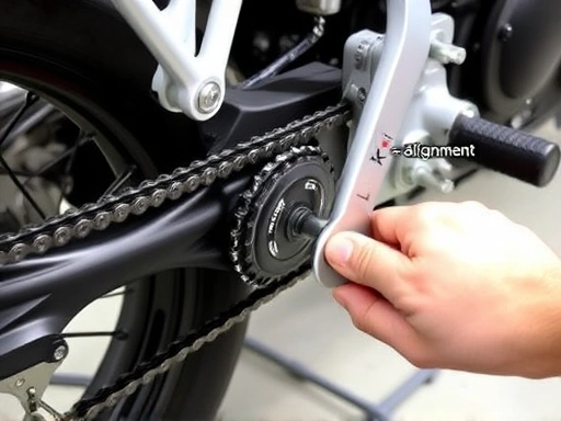 A close-up view of a motorcycle's rear axle area, highlighting the chain tensioners and alignment marks on the swingarm during an adjustment. Show a person's hand with a wrench making precise adjustments, emphasizing mechanical detail and practical action.