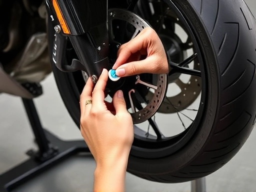 A close-up of a hand carefully attaching a small adhesive wheel weight to the rim of a motorcycle wheel on a balancing stand, illustrating the fine-tuning process. Keywords: wheel balance, motorcycle, adhesive weight, precision, maintenance.