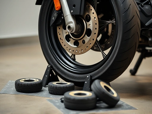 A focused shot of a motorcycle wheel resting on a static balancing stand, with various adhesive wheel weights laid out beside it, conveying precision and DIY maintenance. Keywords: motorcycle, wheel, balancing stand, weights, DIY.