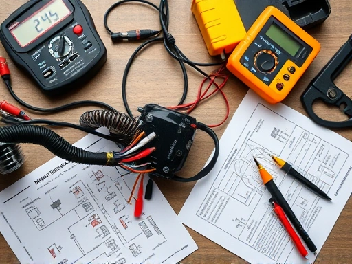 A detailed top-down shot of a motorcycle wiring harness being inspected, with essential tools like a multimeter and wiring diagram laid out, showing a clear, organized workspace with good lighting. Focus on the delicate wires and connectors. Keywords: motorcycle wiring, inspection tools, electrical testing, diagnostic setup.
