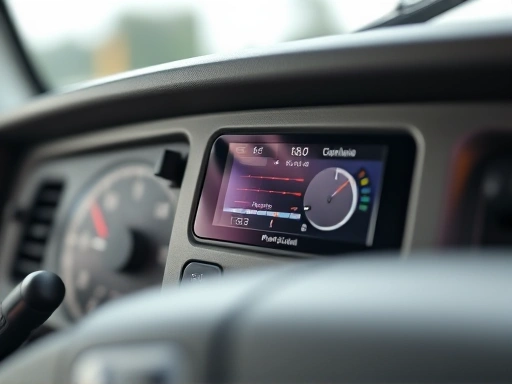Close-up of a truck's dashboard showing a digital display or control panel for a remote brake adjustment system, emphasizing precision and user-friendly interface.