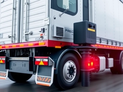 A heavy-duty truck with a remote brake adjustment system, highlighting the advanced technology in a modern transportation setting with a focus on safety and efficiency.
