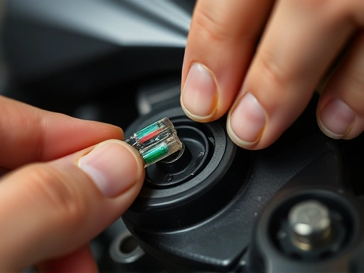 Close-up shot of a pair of hands carefully inserting a new blade fuse into a motorcycle fuse slot, ensuring proper fit and showing the small size of the fuse.