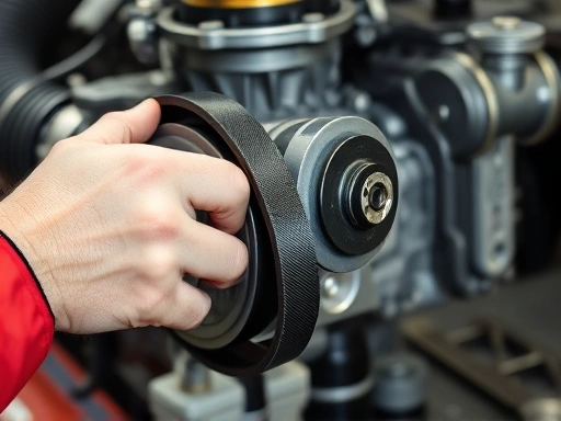 Close-up view of a mechanic's hands inspecting the belt tension and pulleys of a supercharger system, with tools nearby, emphasizing meticulous care and professional attention to detail in a workshop setting.