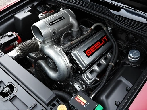 A detailed shot of a high-performance car engine bay, focusing on a clean, well-maintained supercharger system, highlighting its intricate parts and the surrounding hoses and belts, conveying precision and power.