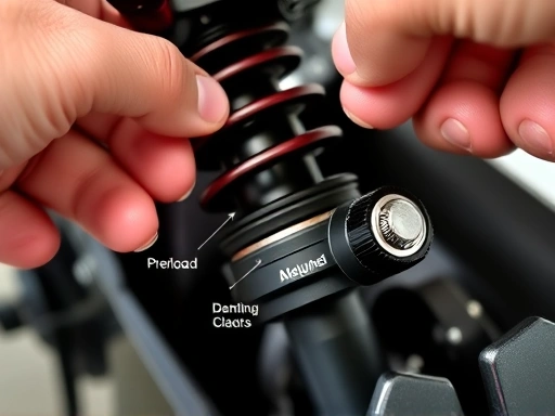 Close-up of a motorcycle's rear shock absorber, clearly showing the preload adjustment ring and the compression/rebound damping clickers, with a hand holding a spanner or screwdriver for adjustment.