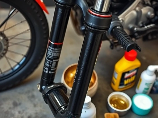 A close-up shot of a motorcycle or bicycle suspension fork disassembled, showing old oil being drained, with new oil and cleaning supplies nearby, emphasizing the intricate process.