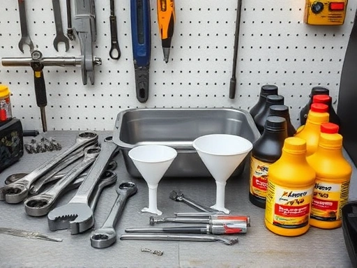 A clean workshop scene with various tools laid out: wrenches, torque wrench, oil pan, funnels, and bottles of suspension oil, highlighting the preparation for a suspension oil change.