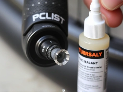 Close-up of a tubeless tire valve and a bottle of sealant, with a focused view on the application process, highlighting the liquid texture and the act of adding sealant for tubeless tire maintenance.