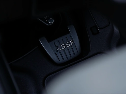 A close-up shot of a car's brake pedal with a subtle vibration effect, illustrating the tactile feedback of an ABS system engaging during emergency braking, with a focus on driver control and safety features.