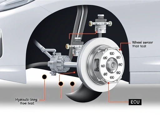 A detailed schematic illustration of an ABS (Anti-lock Braking System) in a car, showing wheel speed sensors, hydraulic lines, and the ECU, emphasizing vehicle safety and advanced braking technology in a clean, modern style.