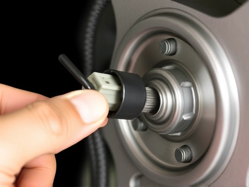 Close-up of a new ABS sensor being installed onto a car's wheel hub assembly, showing the electrical connector and mounting bolt, emphasizing precision and the delicate nature of auto electronics repair.