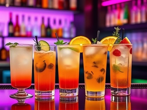 A vibrant photo featuring a collection of five distinct sweet cocktails on a stylish bar counter, garnished with fruits and herbs, with soft, inviting lighting, showcasing diverse colors and textures.