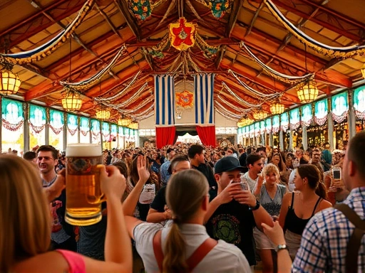 A festive and vibrant scene inside a large German beer tent at Oktoberfest, with people cheering, holding large beer steins, and traditional Bavarian decorations.