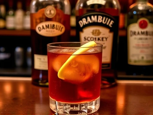 A beautifully crafted Rusty Nail cocktail, with a deep amber hue, a lemon twist garnish, and a bottle of Scotch whisky and Drambuie in the background, set in a cozy bar.
