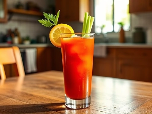 A vibrant Bloody Mary cocktail with a celery stick and lemon wedge, sitting on a wooden table in a home kitchen, with bright morning light filtering through the window, representing a refreshing hangover cure.