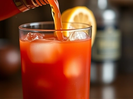 A close-up of a Bloody Mary being poured into a tall glass filled with ice, showing the rich red color of the tomato juice and a hint of a citrus slice, emphasizing freshness and readiness to drink.