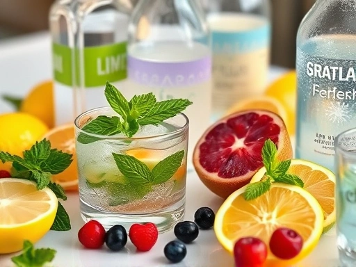Close-up of various cocktail ingredients on a table: fresh fruits like lemon, lime, mint, berries, alongside clear spirits and sparkling water, emphasizing freshness and hydration.