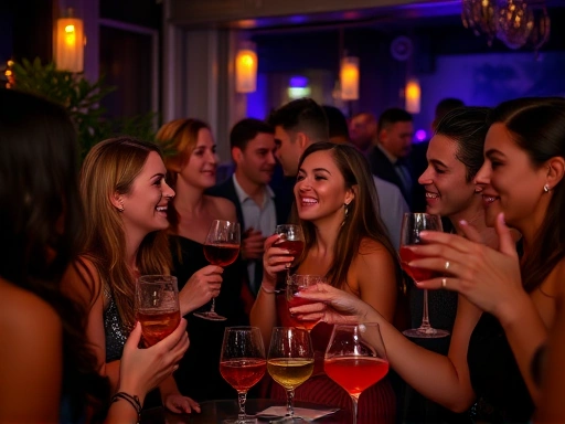 A vibrant, elegant cocktail party scene at night, people laughing and enjoying drinks, but looking refreshed and happy, with no signs of hangover, soft lighting, sophisticated atmosphere.