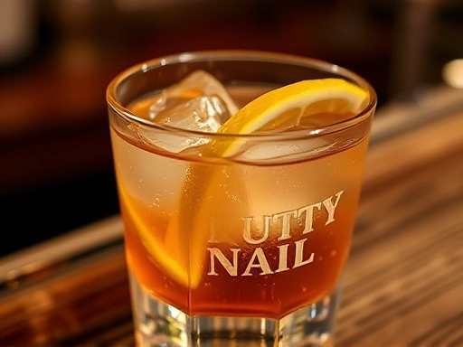 Close-up of a Rusty Nail cocktail glass on a wooden bar, showing ice cubes, a lemon twist, and the rich texture of the liquid, with soft focus on the ingredients.