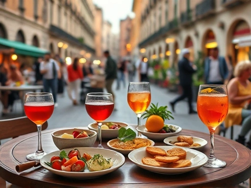 A vibrant Italian aperitivo scene with various small bites (stuzzichini) and classic cocktails like Negroni and Aperol Spritz on a table in a bustling piazza, warm lighting.