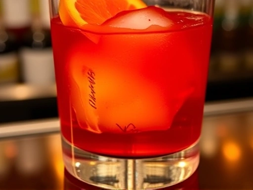Close-up of a perfectly crafted Negroni cocktail, with a large ice cube and an orange slice garnish, on a polished bar counter, rich red color.