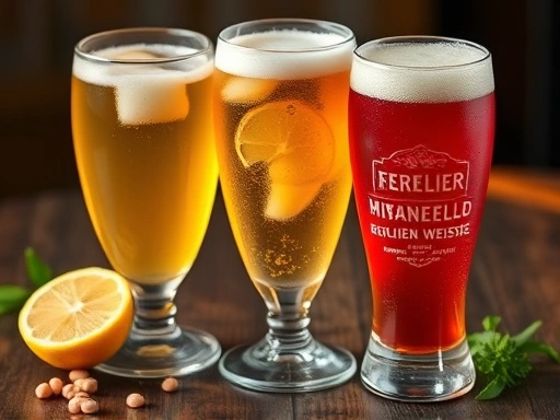 A close-up shot of three different refreshing beer cocktails: a Radler with lemon, a Cola-Bier, and a vibrant red Berliner Weisse mit Himbeersirup, with ingredients scattered around.