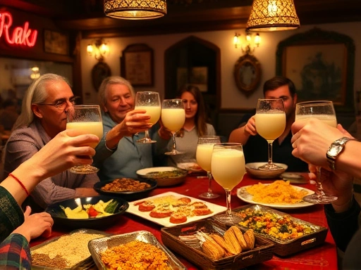 A lively scene in a Turkish meyhane, with people toasting glasses of milky white Rakı, platters of meze on the table, and warm lighting, highlighting Rakı and Middle Eastern culture.