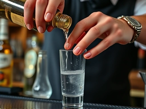 Close-up on a bartender's hands accurately pouring spirits into a jigger, with other cocktail tools blurred in the background, focusing on precision and technique.