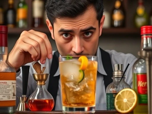 A close-up of a home bartender looking puzzled, surrounded by various cocktail ingredients and tools, with a half-made cocktail. Focus on frustration and learning.