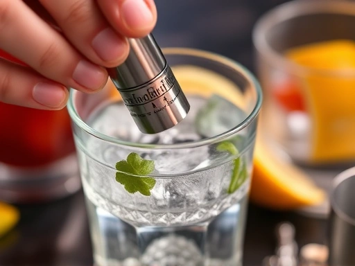 Detailed shot of a jigger precisely measuring liquid into a mixing glass, with clear ice cubes and fresh garnishes in the background, emphasizing accuracy and quality.