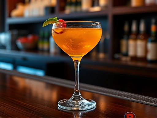 A sophisticated cocktail glass with a vibrant drink, placed on a dark wooden bar, emphasizing elegance and proper presentation, with subtle lighting.