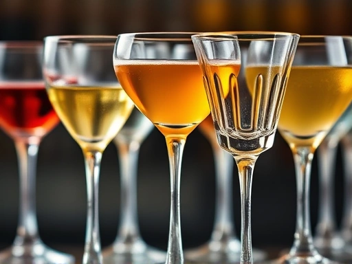 Close-up of various cocktail glasses arranged side-by-side, showcasing their distinct shapes and sizes, ready for different drinks.