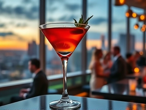 A vibrant Cosmopolitan cocktail in a martini glass, set against a blurred background of a bustling city skyline at dusk, with subtle hints of stylish people interacting in a chic lounge, evoking a sense of sophistication and popular culture related to iconic drinks.