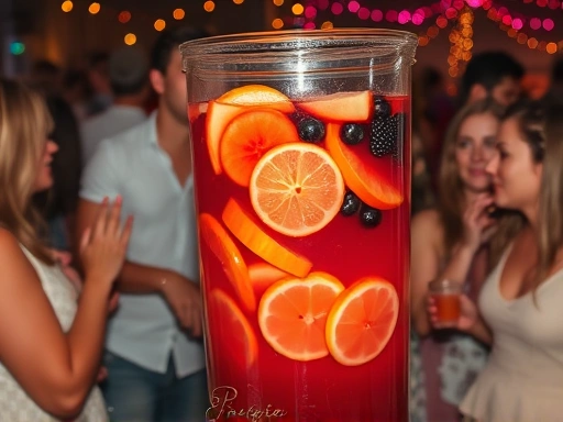 A festive party scene with a large glass dispenser of vibrant red sangria, filled with sliced fruits like oranges, apples, and berries, surrounded by partygoers enjoying the atmosphere.