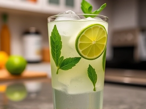 A refreshing mojito made with ingredients easily found at a convenience store, showcasing a vibrant green lime slice and ice cubes, in a home kitchen setting.