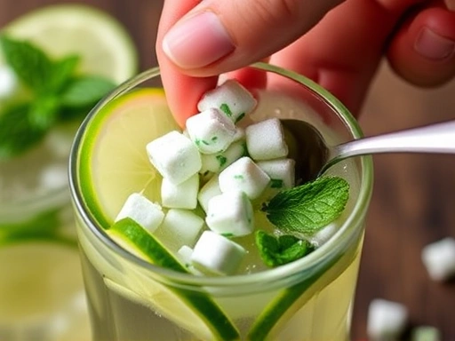 Close-up shot of a hand crushing peppermint candy and lime slices in a glass with a spoon, highlighting the simple ingredients for a homemade mojito.