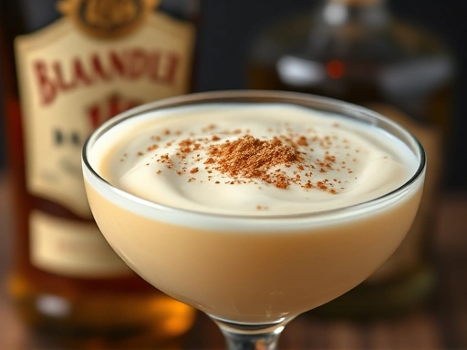Close-up of an Alexander cocktail, highlighting the smooth, creamy texture and a sprinkle of nutmeg on top, with a vintage brandy bottle slightly blurred in the background, conveying heritage and warmth.
