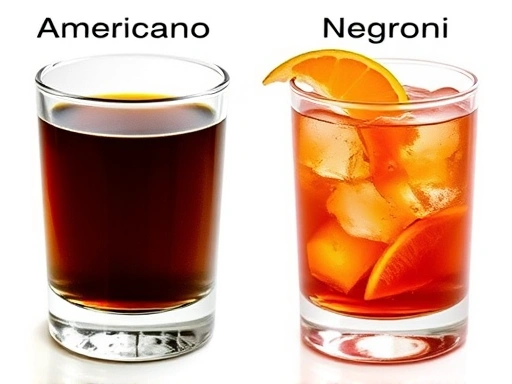 A side-by-side comparison of an Americano coffee and a Negroni cocktail, highlighting their distinct colors and textures, representing the different sources of their bitterness.