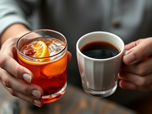 Close-up of a hand holding a glass of Negroni with an orange slice and another hand holding a coffee cup, emphasizing the liquid and ice to show the nuances of bitterness.