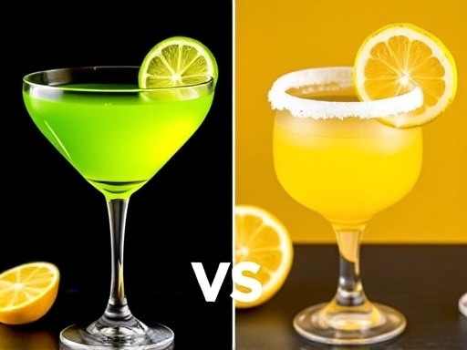 A visually appealing split image comparing two cocktails: on one side, a vibrant green Apple Martini with a lime twist, and on the other, a bright yellow Lemon Drop with a sugar-rimmed glass and a lemon slice, highlighting the sweetness comparison.