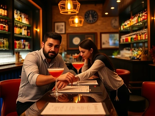 A confident person at a stylish bar, casually ordering a cocktail from a friendly bartender, with a diverse menu on the table.
