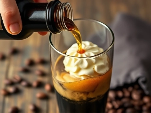 A close-up shot of a hand gently pouring a dark stout beer into a glass already containing a scoop of vanilla ice cream, preparing a beer affogato, with coffee beans scattered in the background.