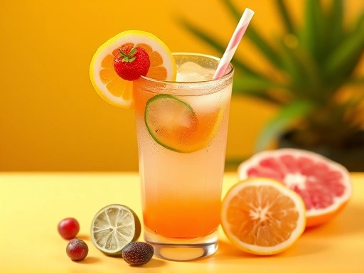 A visually appealing image of a vibrant, refreshing mild cocktail, garnished with fresh fruits, set on a bright background, perfect for beginners.