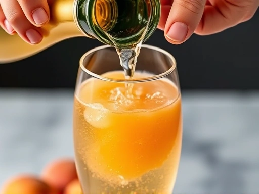Close-up of a hand pouring chilled Prosecco into a glass with peach puree, illustrating the Bellini cocktail preparation, with focus on the sparkling bubbles and fruit texture.
