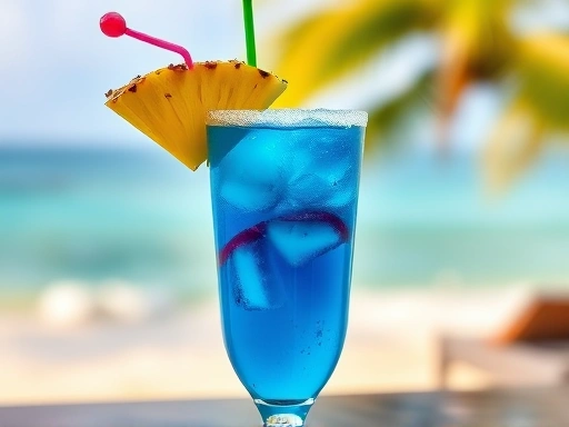 A vibrant blue Hawaiian cocktail with a slice of pineapple and a cherry, set against a blurred tropical beach background, illustrating visual appeal.