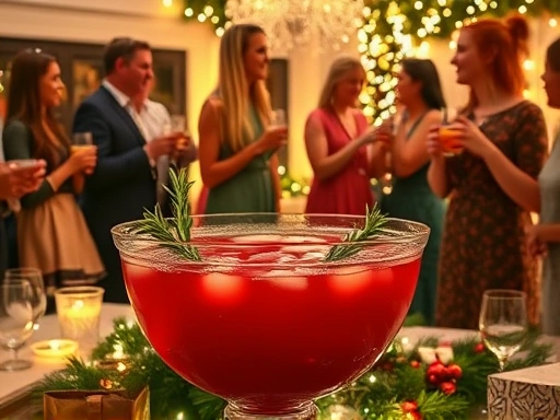 A festive Christmas party scene with people happily mingling and holding cocktails. In the foreground, a large, elegantly decorated punch bowl with a vibrant cranberry-rosemary punch is visible on a table adorned with holiday decorations and lights. The overall atmosphere is warm and joyful, highlighting the ease of batch cocktails for a gathering.
