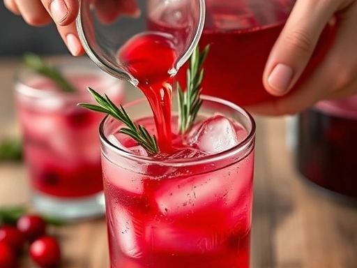 A close-up shot of hands pouring a beautiful ruby-red cranberry and rosemary batch cocktail from a pitcher into a glass filled with ice. The glass is garnished with fresh rosemary sprigs and cranberries, capturing the vibrant colors and fresh ingredients of the festive drink.