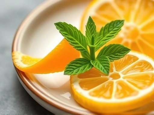 Close-up of freshly made cocktail garnishes: a perfectly twisted orange peel, a vibrant green mint sprig, and a dried lemon wheel, neatly arranged on a small plate.